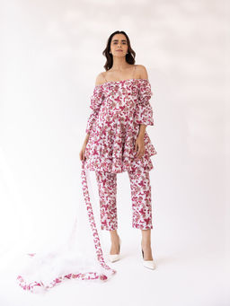 SHAAKHA - Pink Floral Three Fourth Sleeves Off Shoulder Kurta With Pant & Dupatta (Set of 3)