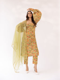 SHAAKHA - Mustard Floral Balloon Sleeve Strapless Tube Kurta With Pant & Dupatta (Set of 3)