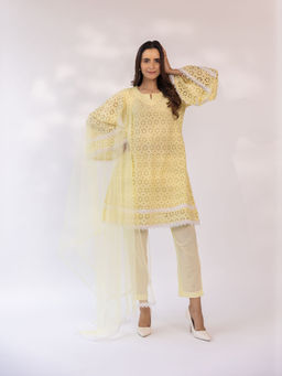 SHAAKHA - Yellow Embroidered Lace Work Full Sleeves V-Neck Kurta With Pant & Dupatta (Set of 3)