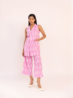 SHAAKHA - Pink Printed Sleeveless Notched Lapel Jacket With Pant (Set of 2)