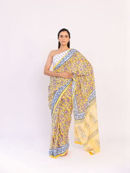 SHAAKHA - Yellow Floral Saree with Unstitched Blouse