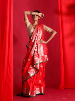 Beatitude - Red Banarasi Saree with Unstitched Blouse