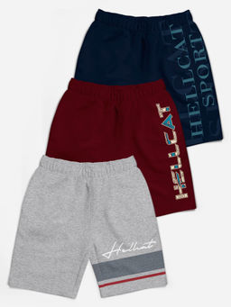 HELLCAT - Trendy Grey Melange Burgundy Navy Blue Typographic Shorts for Girls (Set of 3)
