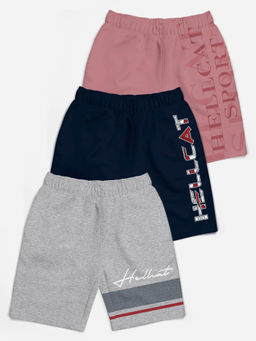 HELLCAT - Trendy Grey Melange Navy Blue Pink Typographic Shorts for Girls (Set of 3)