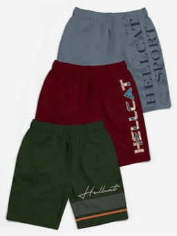 HELLCAT - Trendy Olive Green Burgundy Dark Grey Typographic Shorts for Girls (Set of 3)