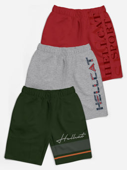 HELLCAT - Trendy Olive Green Grey Melange Maroon Typographic Shorts for Girls (Set of 3)