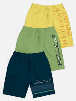 HELLCAT - Trendy Petrol Blue Jade Green Yellow Typographic Shorts for Girls (Set of 3)