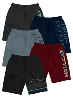 HELLCAT - Black Burgundy Dark Grey Navy Blue Grey Typographic Shorts for Boys (Set of 5)