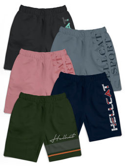 HELLCAT - Olive Green Navy Blue Pink Dark Grey Typographic Shorts for Boys (Set of 5)