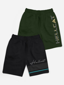 HELLCAT - Trendy Black Olive Green Typographic Shorts for Girls (Set of 2)