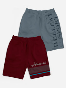 HELLCAT - Trendy Burgundy Dark Grey Typographic Shorts for Girls (Set of 2)