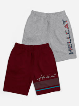 HELLCAT - Trendy Burgundy Grey Melange Typographic Shorts for Girls (Set of 2)