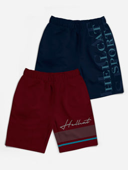 HELLCAT - Trendy Burgundy Navy Blue Typographic Shorts for Girls (Set of 2)