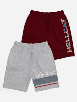 HELLCAT - Trendy Grey Melange Burgundy Typographic Shorts for Girls (Set of 2)