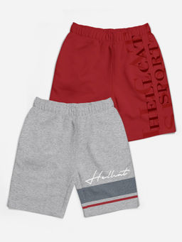 HELLCAT - Trendy Grey Melange Maroon Typographic Shorts for Girls (Set of 2)