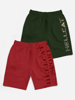 HELLCAT - Trendy Maroon Olive Green Typographic Shorts for Girls (Set of 2)