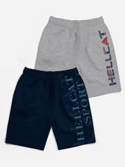 HELLCAT - Trendy Navy Blue Grey Melange Typographic Shorts for Girls (Set of 2)