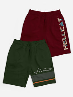 HELLCAT - Trendy Olive Green Burgundy Typographic Shorts for Girls (Set of 2)