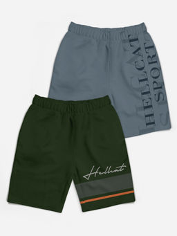 HELLCAT - Trendy Olive Green Dark Grey Typographic Shorts for Girls (Set of 2)