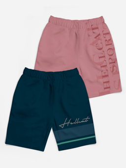 HELLCAT - Trendy Petrol Blue Pink Typographic Shorts for Girls (Set of 2)