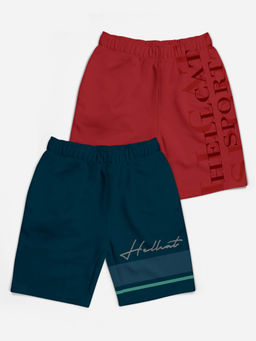 HELLCAT - Trendy Petrol Blue Maroon Typographic Shorts for Girls (Set of 2)