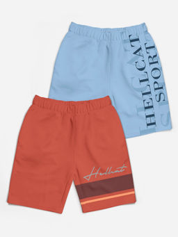 HELLCAT - Trendy Orange Sky Blue Typographic Shorts for Girls (Set of 2)