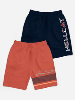 HELLCAT - Trendy Orange Navy Blue Typographic Shorts for Girls (Set of 2)