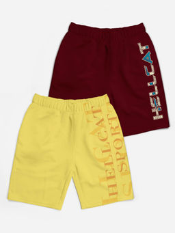 HELLCAT - Trendy Yellow Burgundy Typographic Shorts for Girls (Set of 2)
