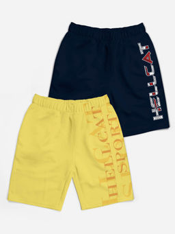 HELLCAT - Trendy Yellow Navy Blue Typographic Shorts for Girls (Set of 2)