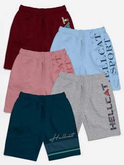 HELLCAT - Petrol Blue Grey Melange Pink Sky Blue Burgundy Shorts for Girls (Set of 5)