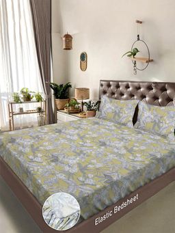 FABINALIV - Green Floral Cotton Blend Bedsheet with 2 Pillow Covers (Super King)