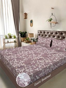 FABINALIV - Mauve Floral Cotton Blend Bedsheet with 2 Pillow Covers (Super King)