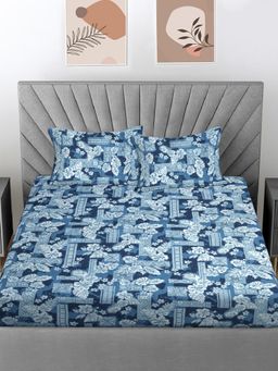 FABINALIV - Blue Floral Cotton Blend Bedsheet with 2 Pillow Covers (Super King)