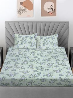 FABINALIV - Green Floral Cotton Blend Bedsheet with 2 Pillow Covers (Super King)