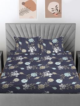 FABINALIV - Navy Blue Floral Cotton Blend Bedsheet with 2 Pillow Covers (Super King)