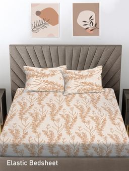 FABINALIV - Beige Floral Cotton Blend Bedsheet with 2 Pillow Covers (Super King)