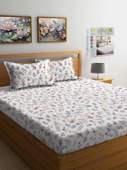 FABINALIV - White Floral Fitted Bedsheet with 2 Pillow Covers (Super King)