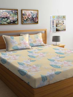 FABINALIV - Yellow Floral Fitted Bedsheet with 2 Pillow Covers (Super King)