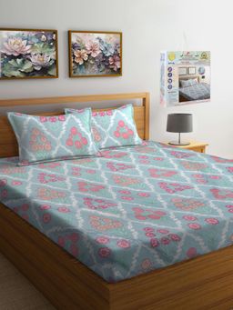 FABINALIV - Sea Green Floral Fitted Bedsheet with 2 Pillow Covers (Super King)