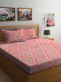 FABINALIV - Pink Floral Fitted Bedsheet with 2 Pillow Covers (Super King)