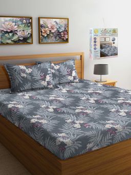 FABINALIV - Grey Floral Fitted Bedsheet with 2 Pillow Covers (Super King)