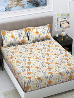 FABINALIV - Multi-Color Floral Fitted Bedsheet with 2 Pillow Covers (Super King)