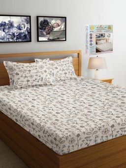 FABINALIV - Beige Floral Fitted Bedsheet with 2 Pillow Covers (Super King)