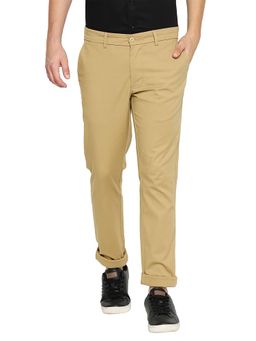 BASICS - Khaki Cotton Stretch Solid Tapered Trousers