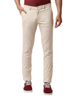 BASICS - Beige Cotton Stretch Solid Tapered Trousers