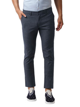 BASICS - Navy Blue Checks Cotton Stretch Tapered Trousers