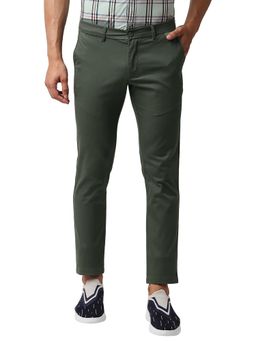 BASICS - Green Cotton Stretch Solid Tapered Trousers