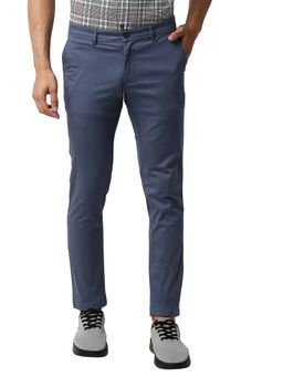 BASICS - Blue Cotton Stretch Solid Tapered Trousers
