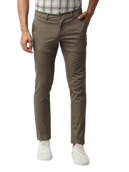 BASICS - Brown Cotton Stretch Solid Tapered Trousers