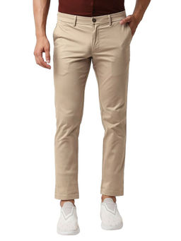BASICS - Beige Cotton Stretch Solid Tapered Trousers